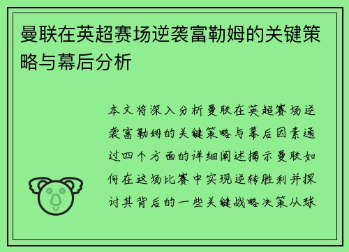 曼联在英超赛场逆袭富勒姆的关键策略与幕后分析
